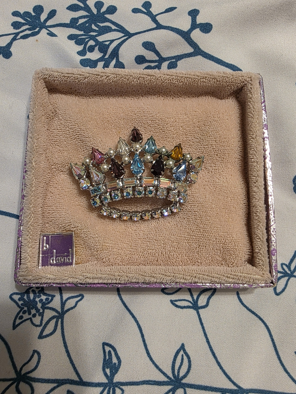 Multicolor Crystal Crown Brooch with Pearl Accents